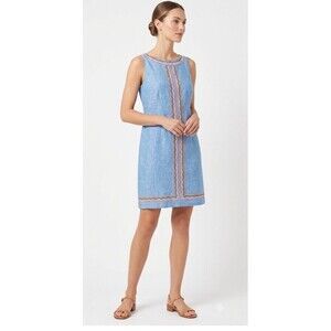 Talbots Linen Shift Dress 10P Chambray Blue Rainbow Embroidered Scallop